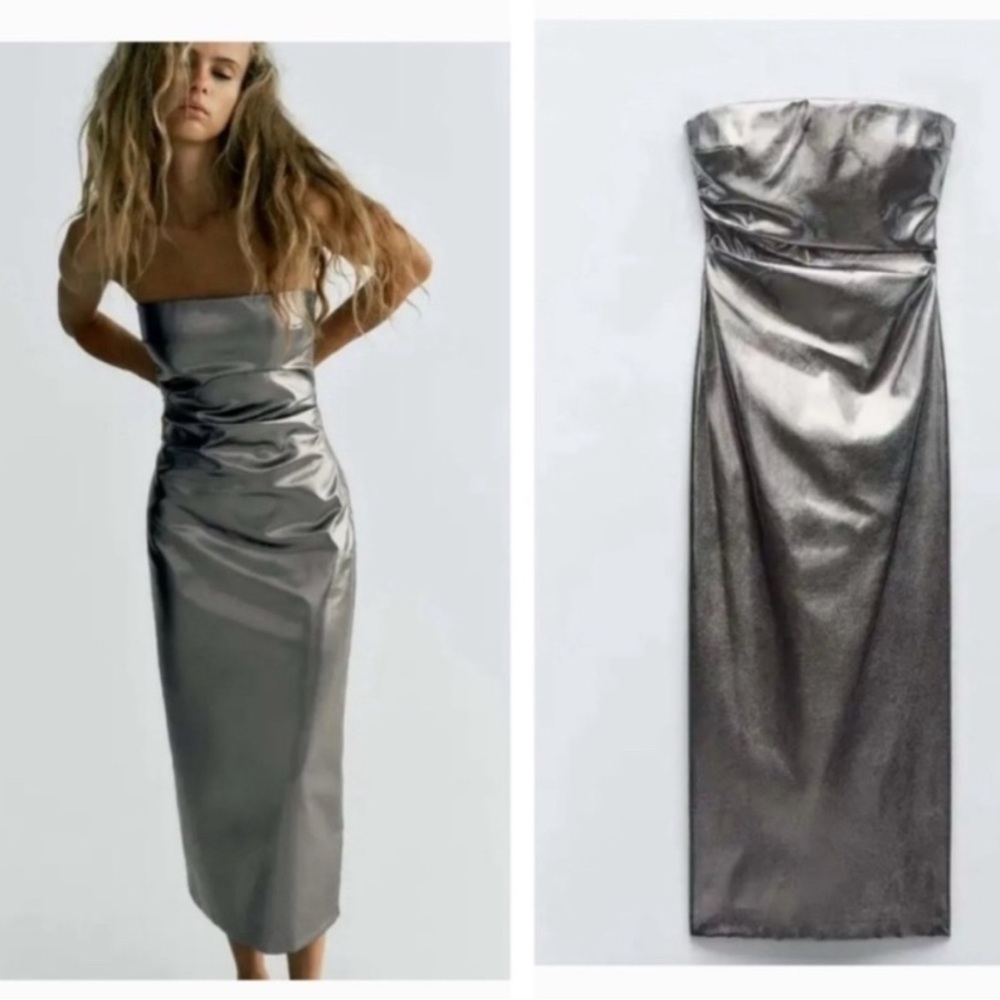 Zara Strapless Metallic Silver Dress